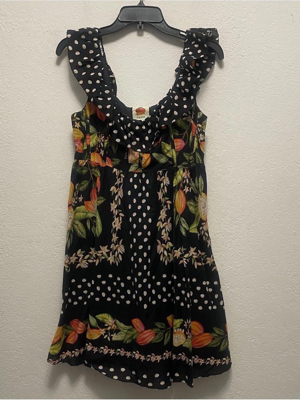 FARM Rio Black Polka Dot Mini Dress with Floral Trim